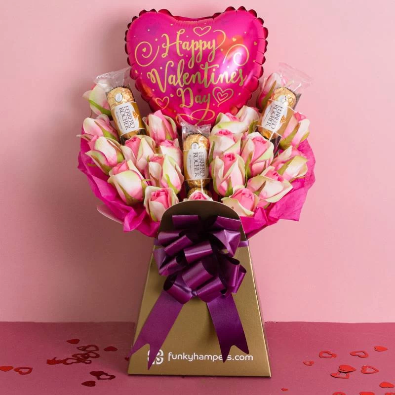 Pink Roses And Ferrero Rocher Valentines Day Chocolate Bouquet