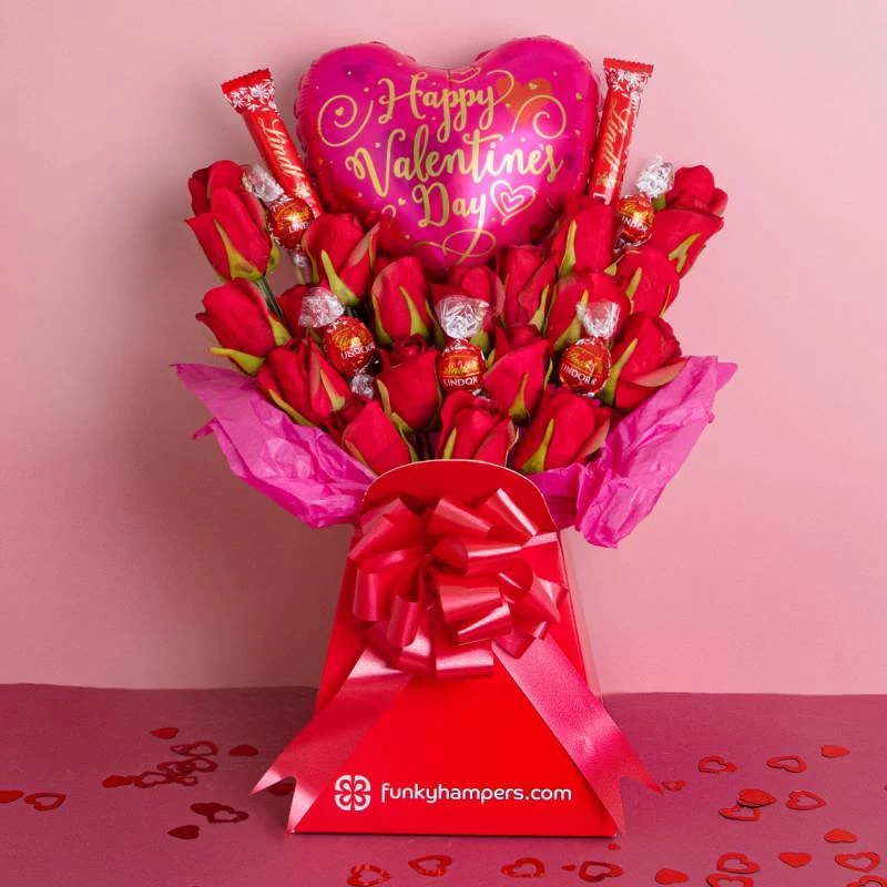 Red Roses And Lindor Valentines Day Chocolate Bouquet