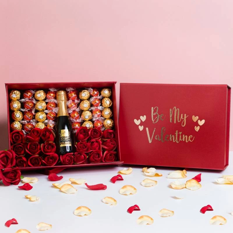 Be My Valentine Luxury Prosecco Hamper With Red Roses And Chocolates