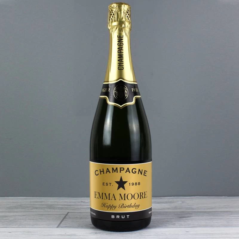Personalised Black And Gold Label Bottle Of Champagne