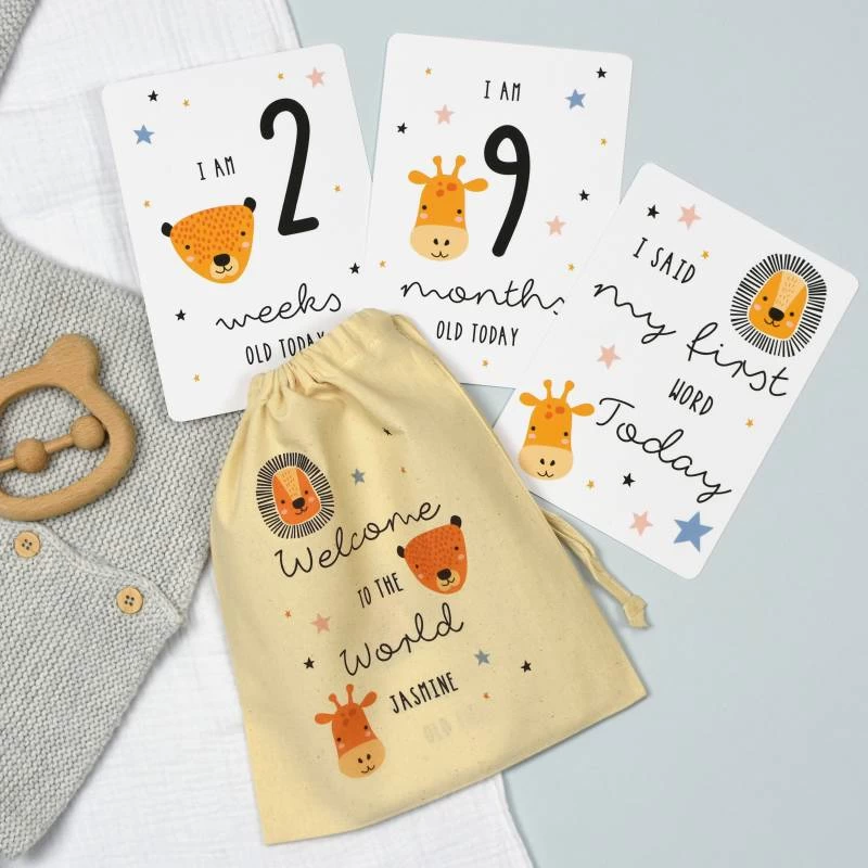 Personalised Zoo Milestone Cards In Drawstring Bag