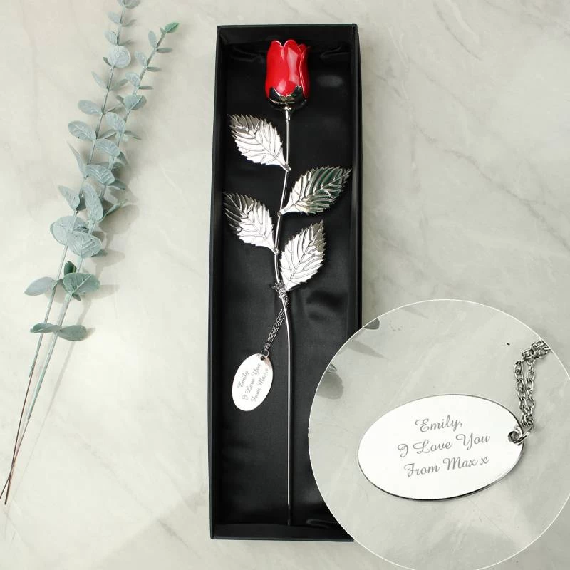 Personalised Free Text Silver Plated Red Rose - Image 2
