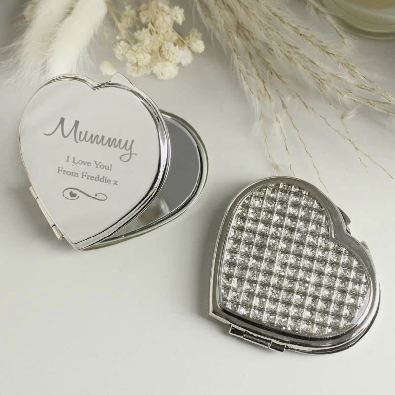 Personalised Swirls & Hearts Diamante Heart Compact Mirror - Image 2