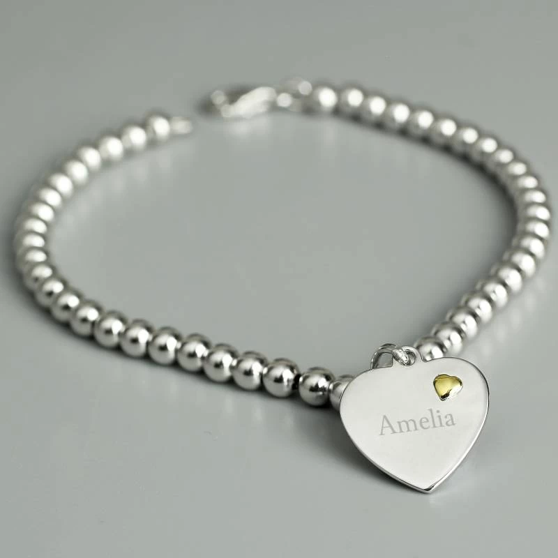 Personalised Sterling Silver And 9ct Gold Heart Bracelet