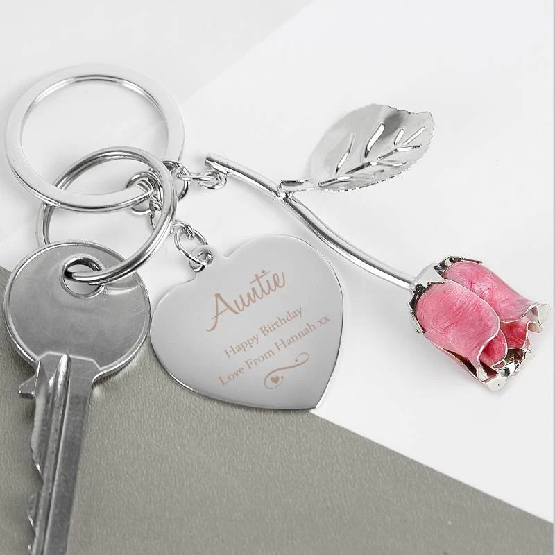 Personalised Silver Plated Swirls & Hearts Pink Rose Keyring - Image 3