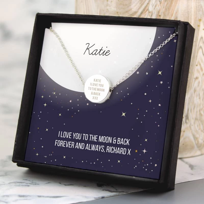 Personalised Sentiment Moon & Stars Sterling Silver Necklace And Box