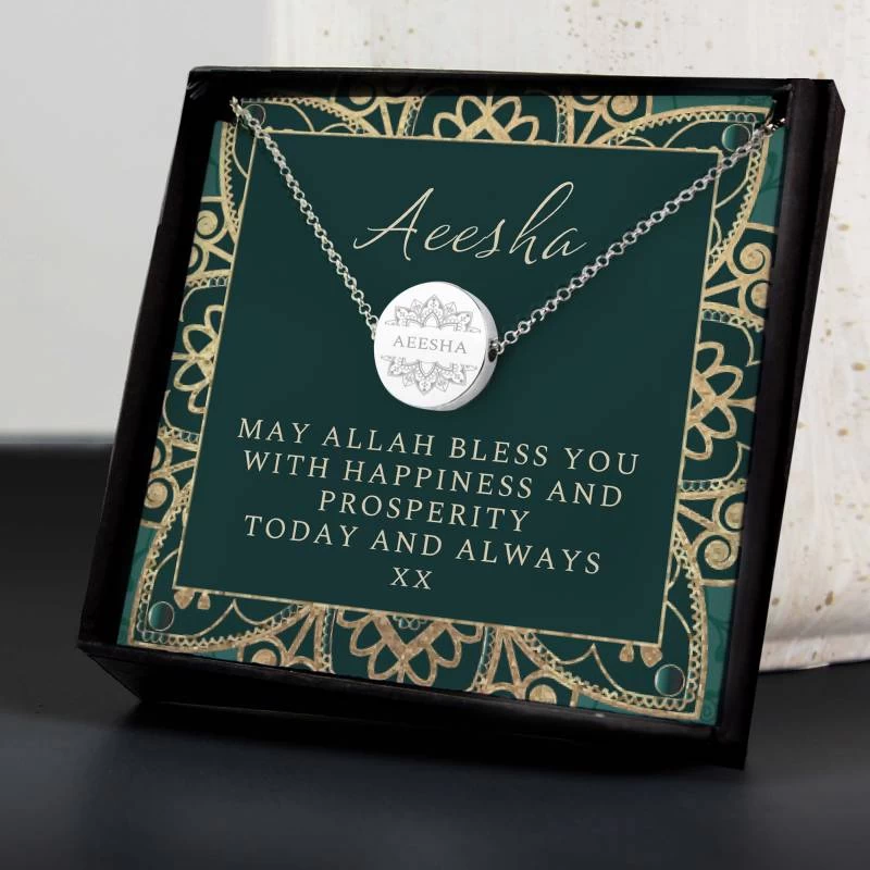 Personalised Sentiment Eid Moon & Star Sterling Silver Necklace And Box - Image 2