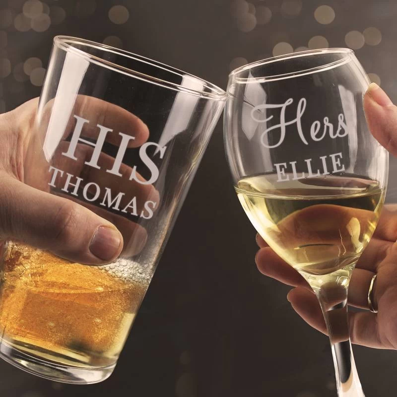 Personalised His & Her Pint And Wine Glass Set