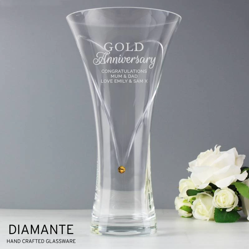 Personalised Gold Anniversary Large Hand Cut Diamante Heart Vase With Swarovski Elements - Image 3