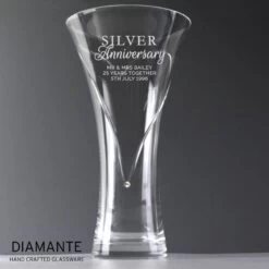 Personalised Silver Anniversary Large Hand Cut Diamante Heart Vase With Swarovski Elements