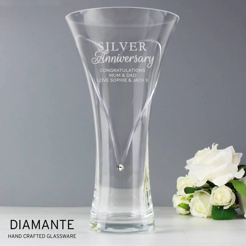 Personalised Silver Anniversary Large Hand Cut Diamante Heart Vase With Swarovski Elements - Image 2