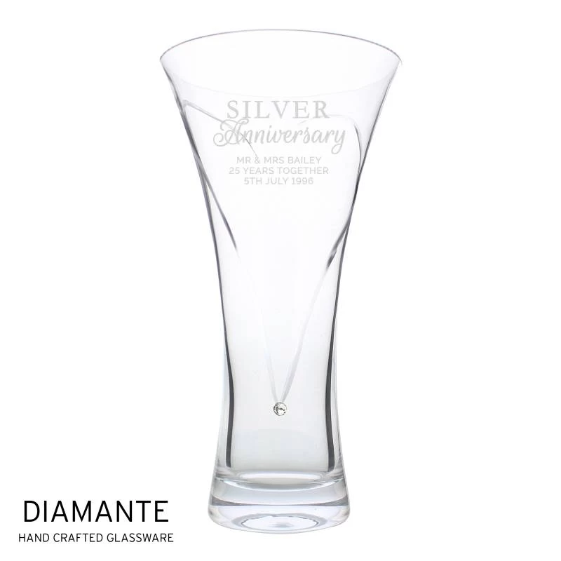 Personalised Silver Anniversary Large Hand Cut Diamante Heart Vase With Swarovski Elements - Image 3