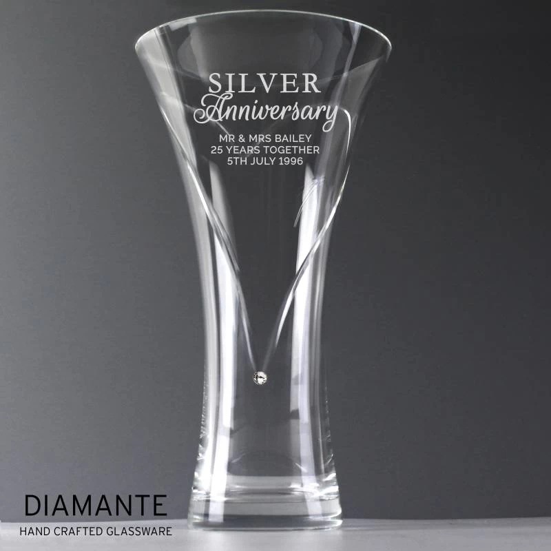 Personalised Silver Anniversary Large Hand Cut Diamante Heart Vase With Swarovski Elements