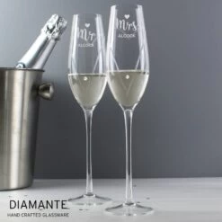 Personalised Hand Cut Mr & Mrs Pair Of Flutes With Swarovski Elements In Gift Box
