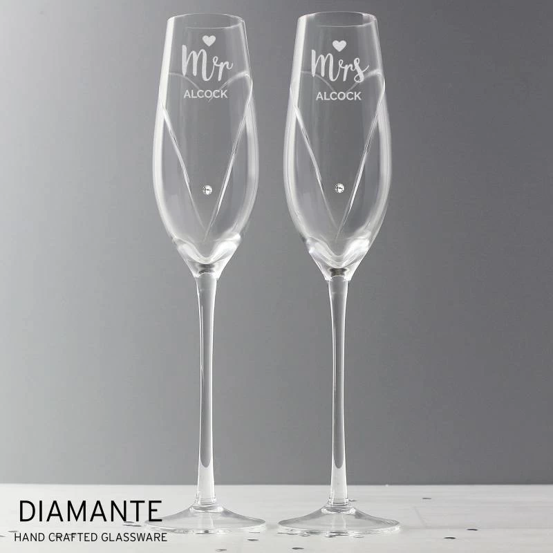 Personalised Hand Cut Mr & Mrs Pair Of Flutes With Swarovski Elements In Gift Box - Image 3