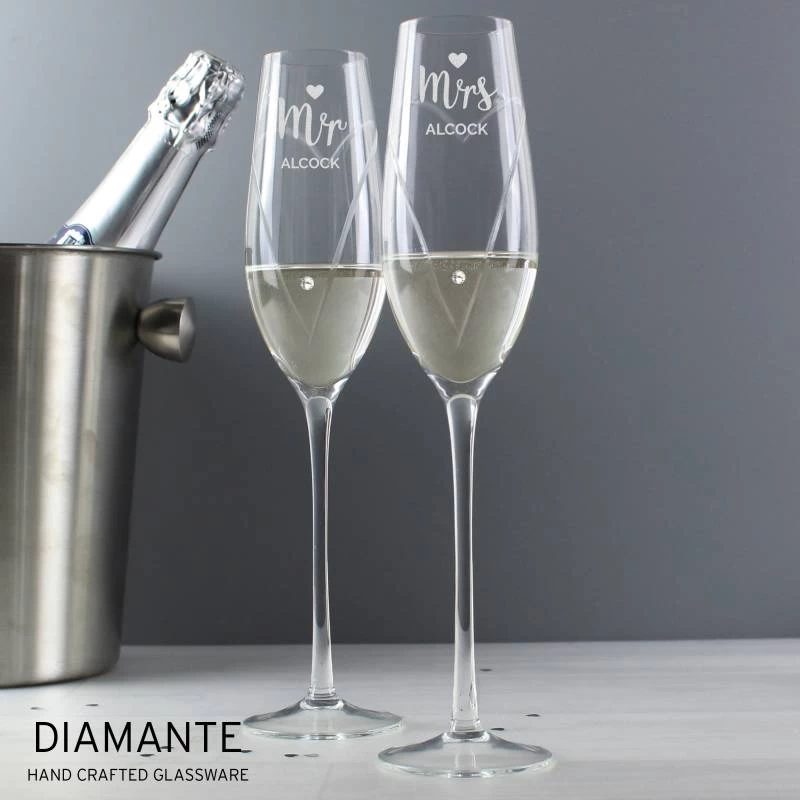 Personalised Hand Cut Mr & Mrs Pair Of Flutes With Swarovski Elements In Gift Box