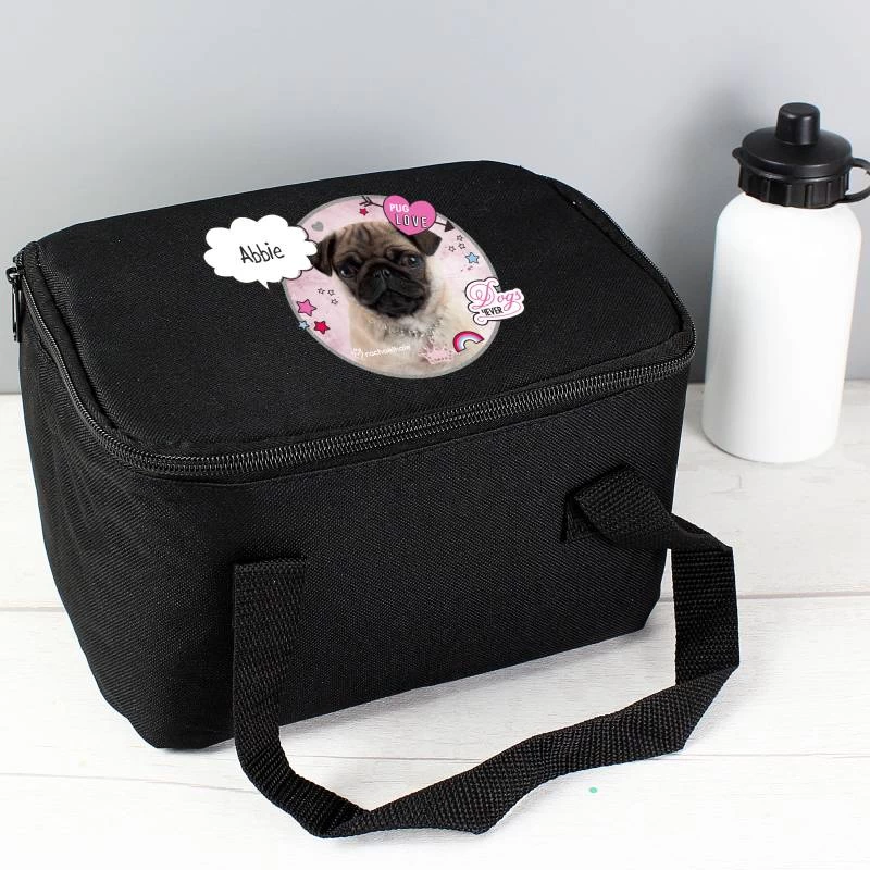 Personalised Rachael Hale Doodle Pug Black Lunch Bag - Image 3