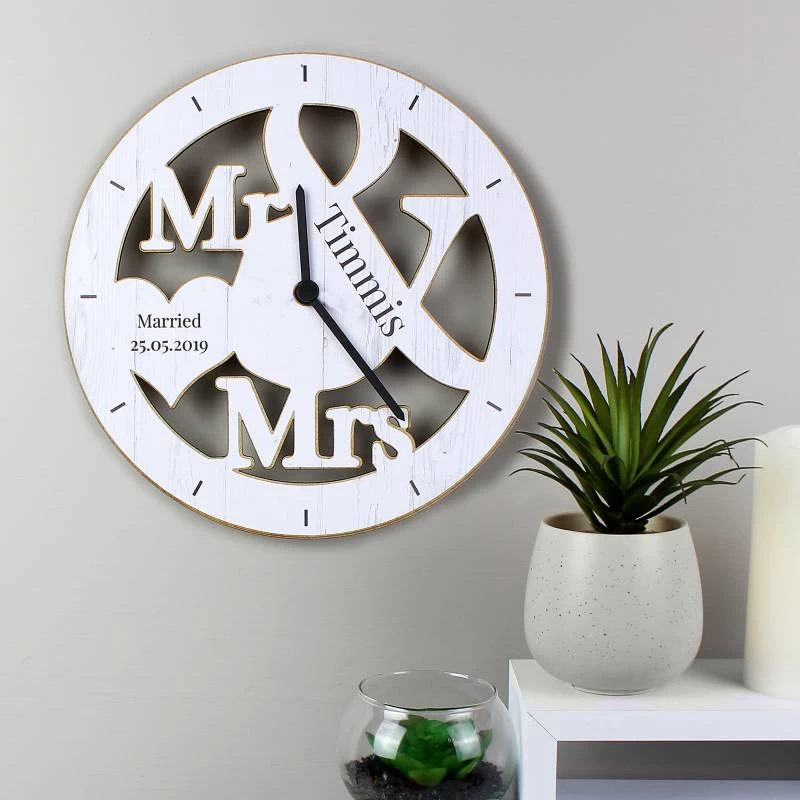 Personalised Mr & Mrs Shape Wooden Clock - Image 2