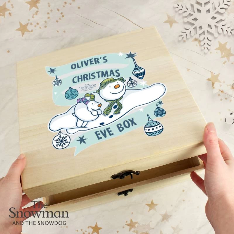 Personalised The Snowman And The Snowdog Large Wooden Christmas Eve Box