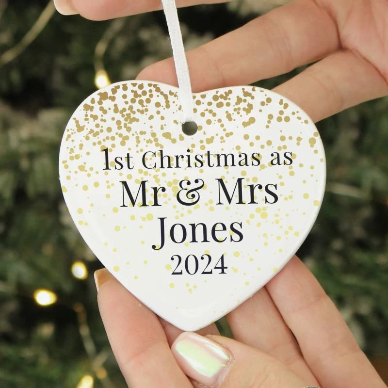 Personalised Mr And Mrs 1st Christmas Ceramic Heart Decoration - Image 2