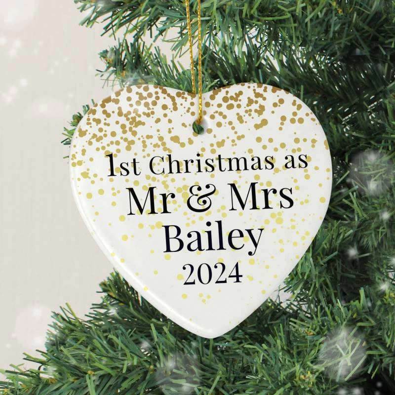 Personalised Mr And Mrs 1st Christmas Ceramic Heart Decoration - Image 3