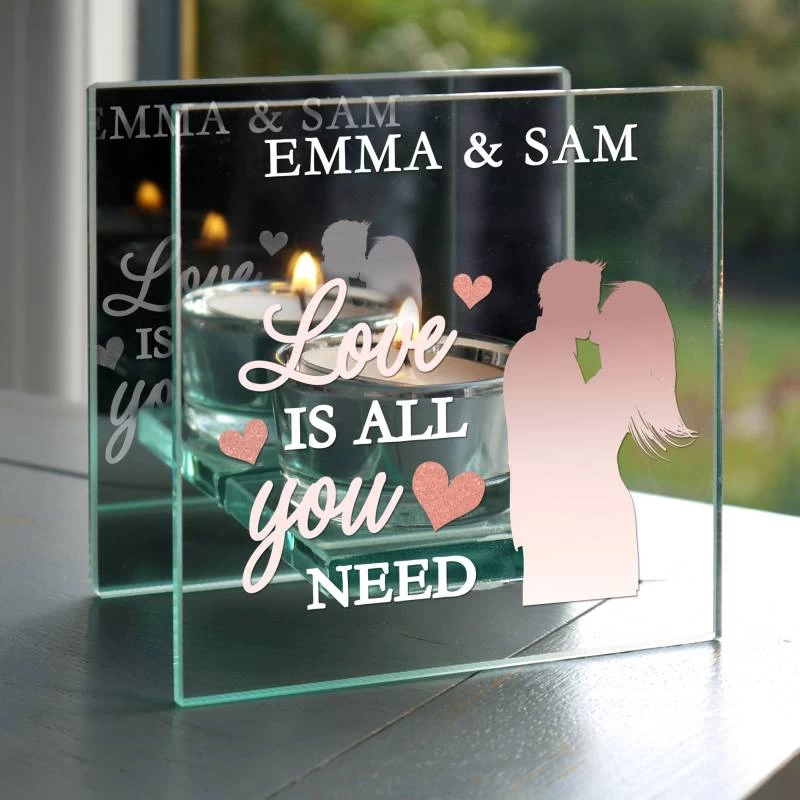 Personalised 'Love Is All You Need' Mirrored Glass Tea Light Holder