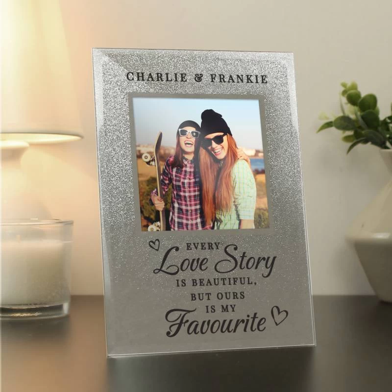 Personalised Every Love Story Is Beautiful 4x4 Glitter Glass Photo Frame - Image 2