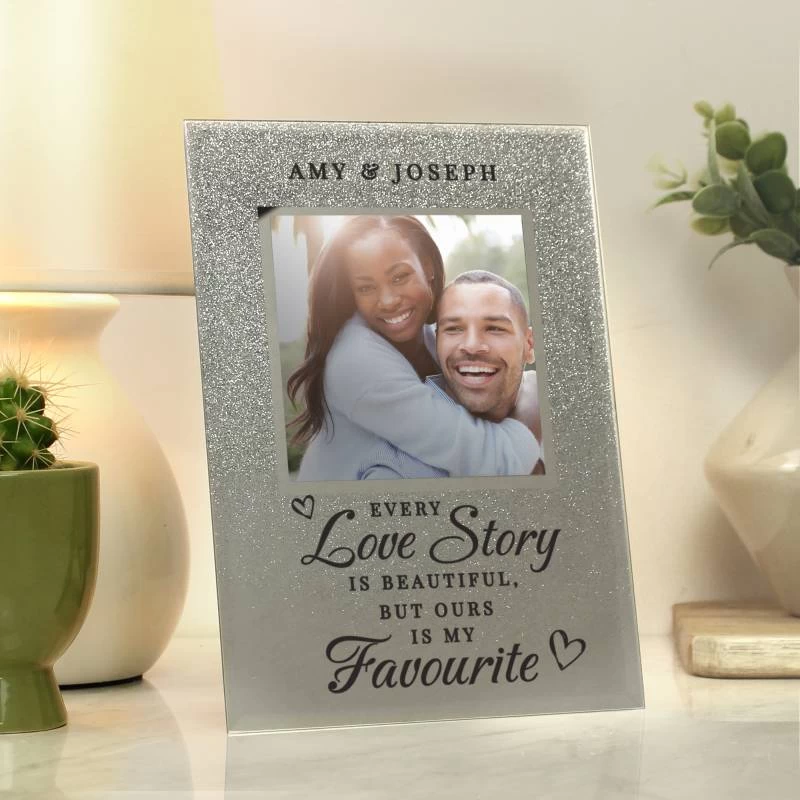Personalised Every Love Story Is Beautiful 4x4 Glitter Glass Photo Frame - Image 3