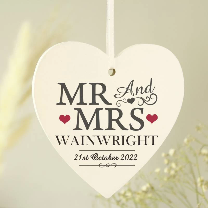 Personalised Mr & Mrs Wooden Heart Decoration - Image 3
