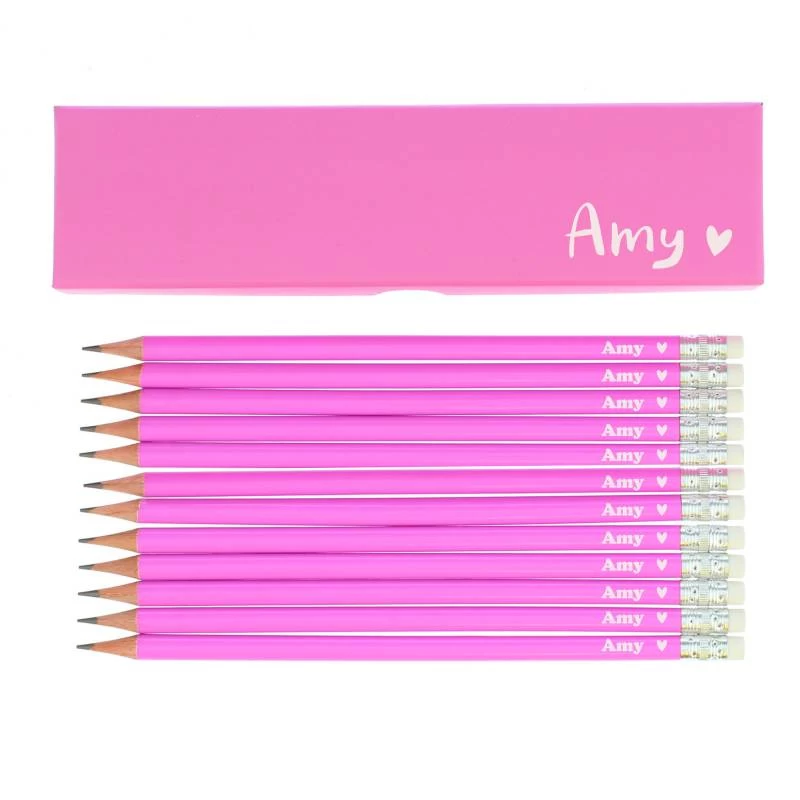 Personalised Heart Box And 12 Pink HB Pencils - Image 3