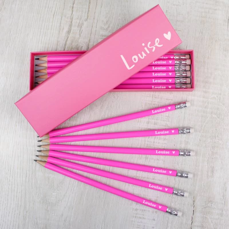 Personalised Heart Box And 12 Pink HB Pencils