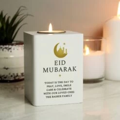 Personalised Eid White Wooden Tea Light Holder