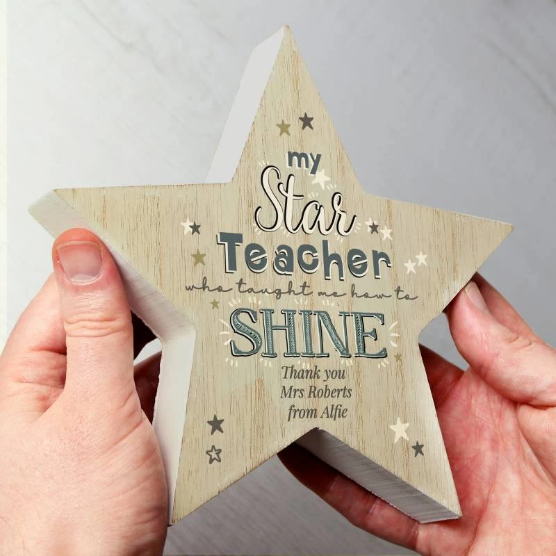 Personalised My Teacher Is A Star Rustic Wooden Star Decoration - Image 3
