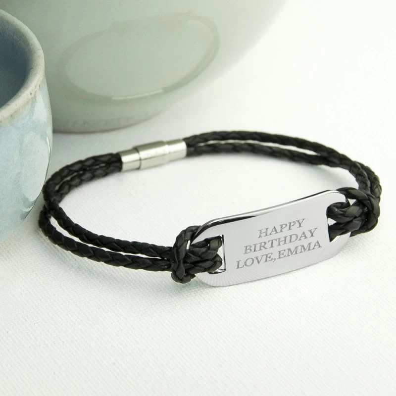 Personalised Men's Statement Leather Bracelet In Black