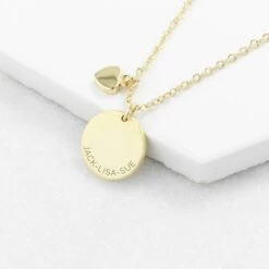 Personalised Heart And Disk Family Necklace In Gold