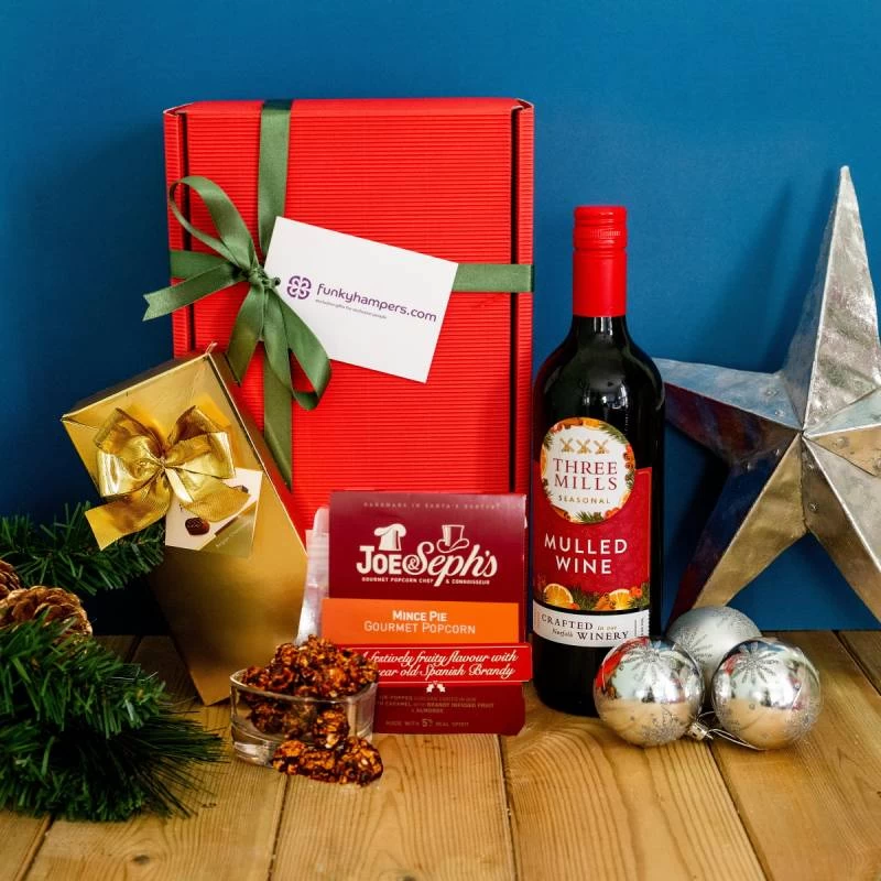 Christmas Mulled Wine, Belgian Chocolates Hamper And Gourmet Popcorn